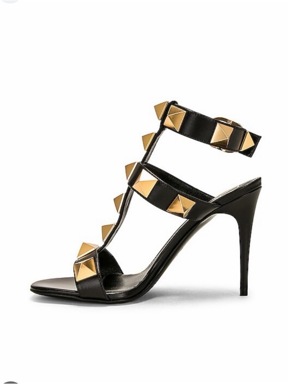 Valentino Garavani Black Leather T-Strap Sandal with Gold Studs EUR 41.5